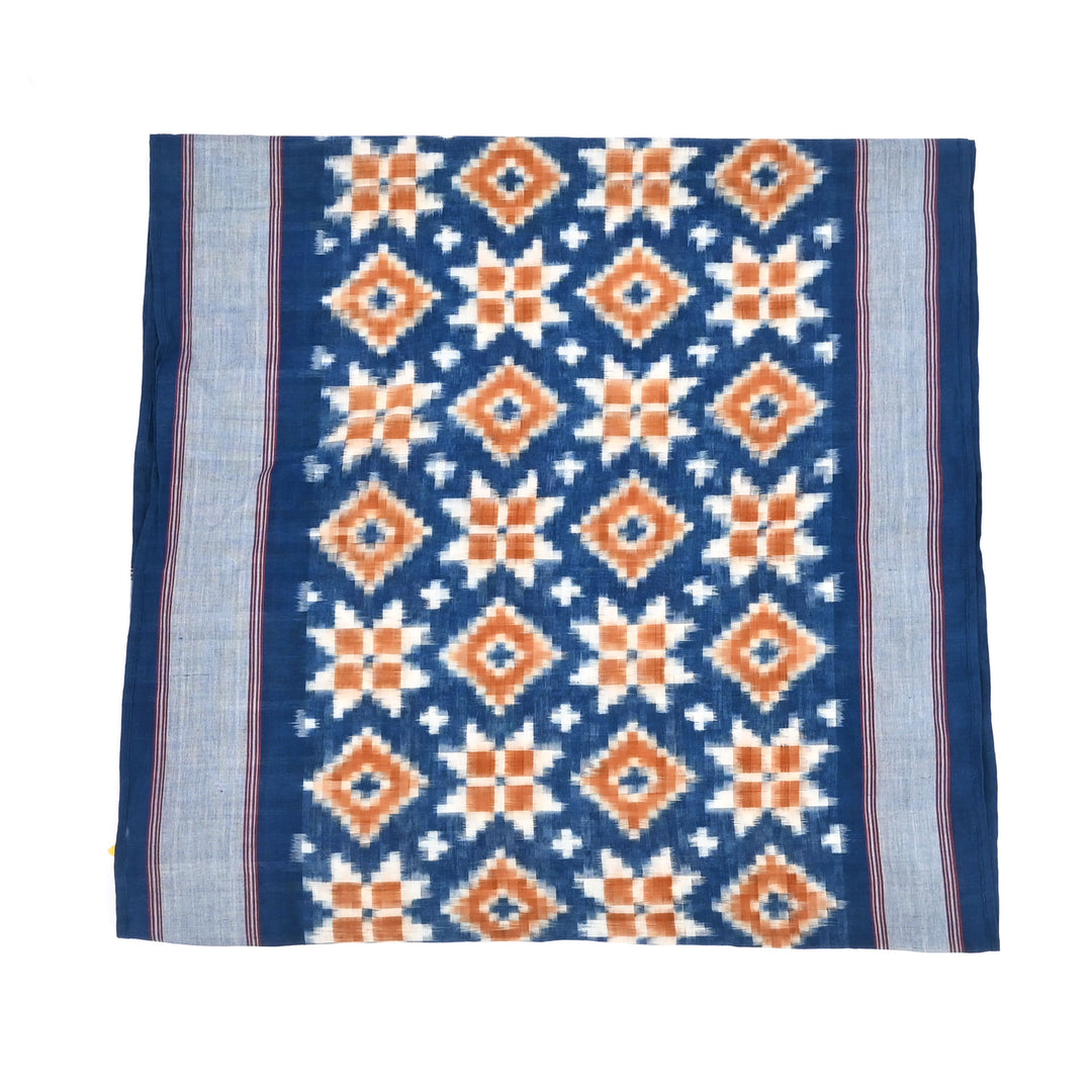 Handwoven Double Ikat Cotton Stole | Natural Dyes, Orange & Indigo, 78X22"