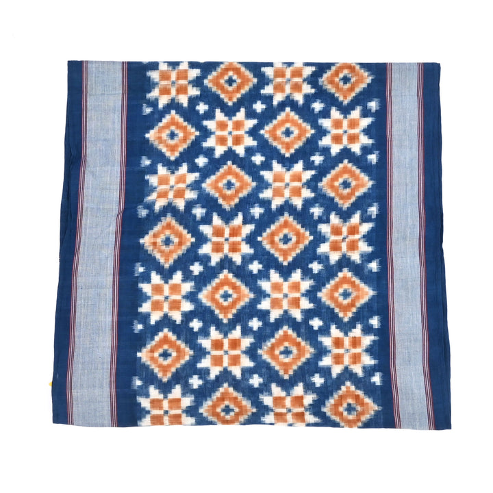 Handwoven Double Ikat Cotton Stole | Natural Dyes, Orange & Indigo, 78X22"