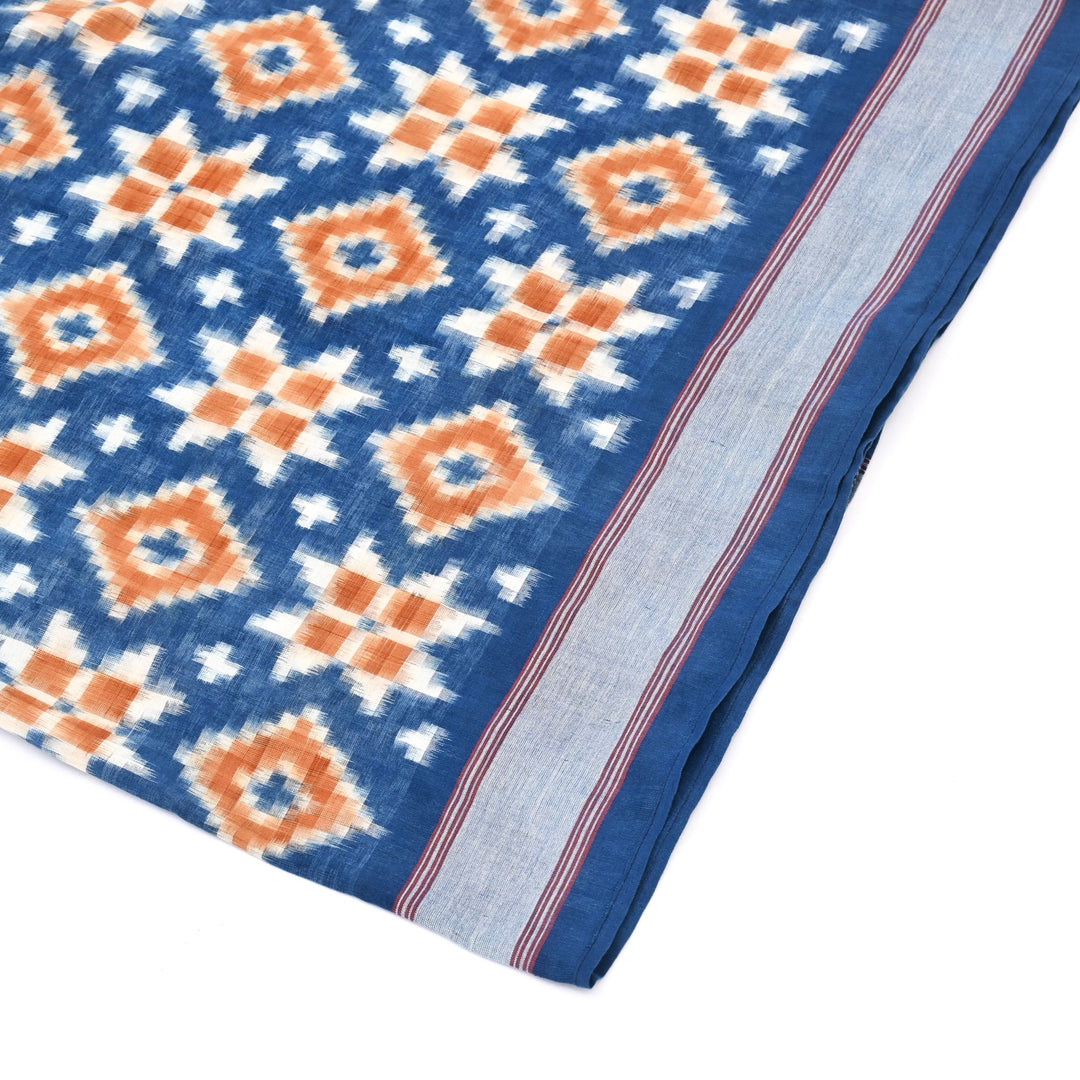 Handwoven Double Ikat Cotton Stole | Natural Dyes, Orange & Indigo, 78X22"