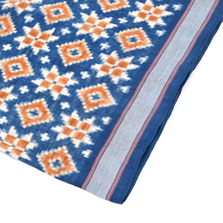 Handwoven Double Ikat Cotton Stole | Natural Dyes, Orange & Indigo, 78X22"