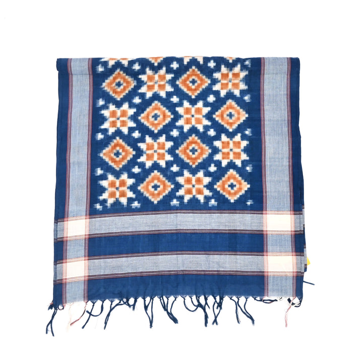 Handwoven Double Ikat Cotton Stole | Natural Dyes, Orange & Indigo, 78X22"