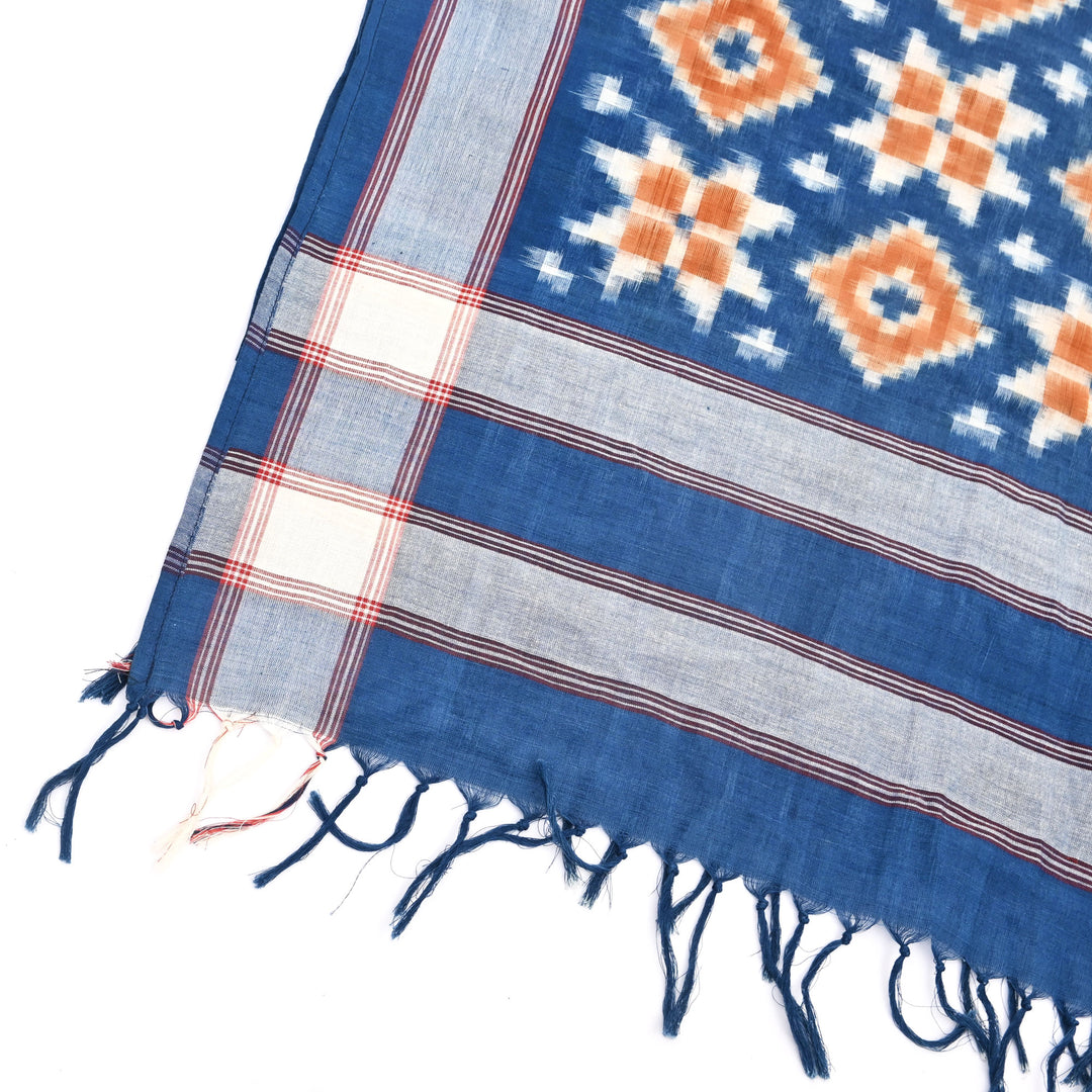Handwoven Double Ikat Cotton Stole | Natural Dyes, Orange & Indigo, 78X22"