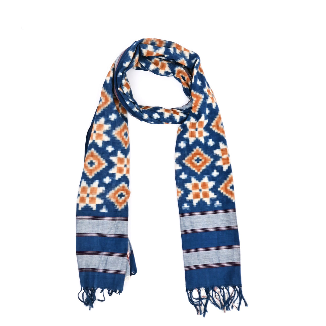 Handwoven Double Ikat Cotton Stole | Natural Dyes, Orange & Indigo, 78X22"