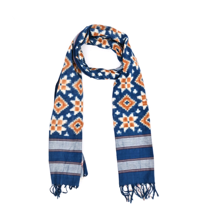 Handwoven Double Ikat Cotton Stole | Natural Dyes, Orange & Indigo, 78X22"