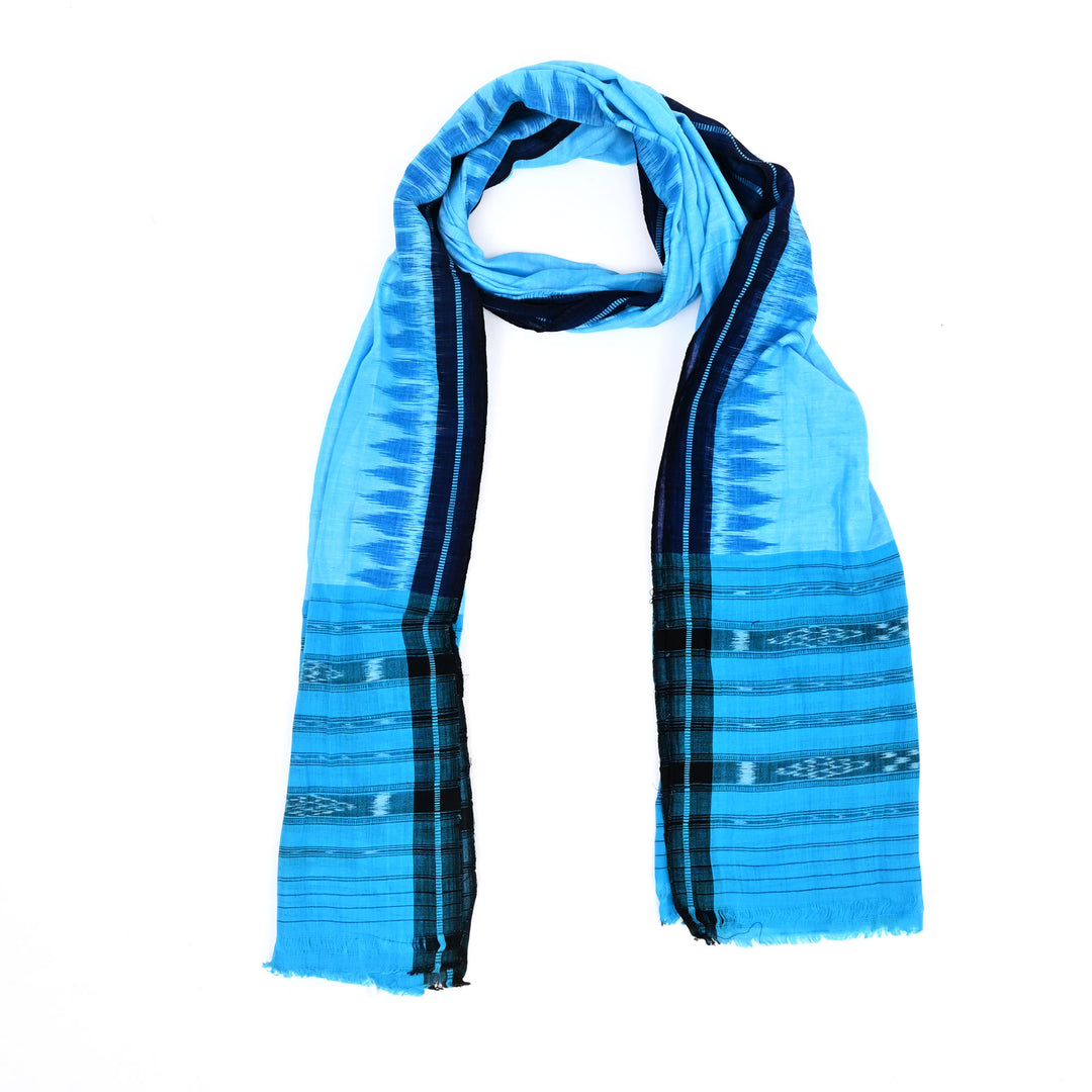 Sky Blue Cotton Stole with Temple Border | Traditional South Indian Design