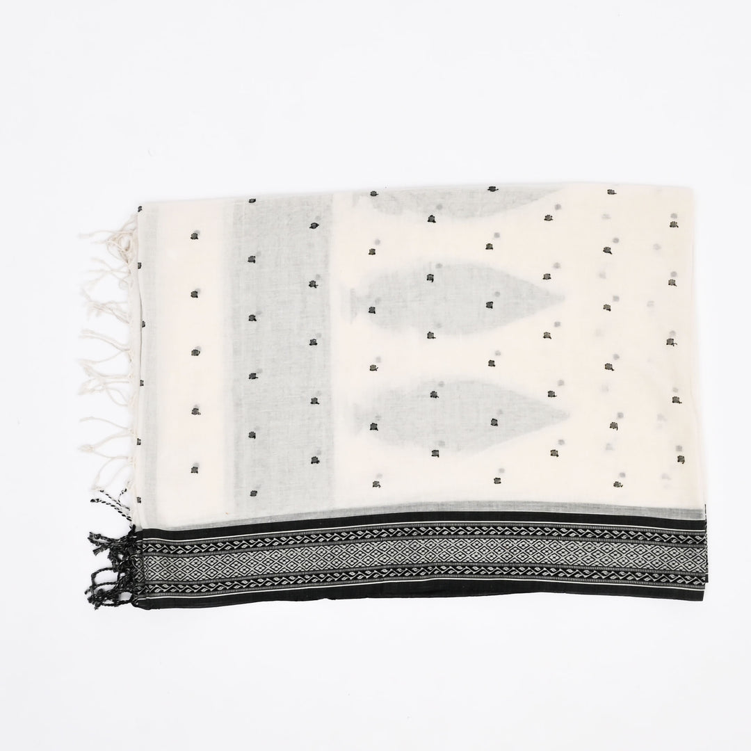 Traditional White Black Scarf 102"x37" | Cotton Jamdani Dupatta