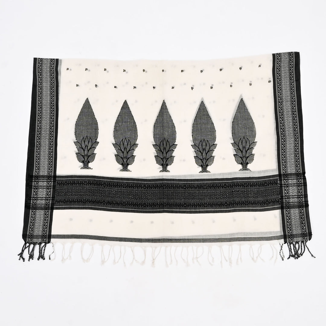 Traditional White Black Scarf 102"x37" | Cotton Jamdani Dupatta