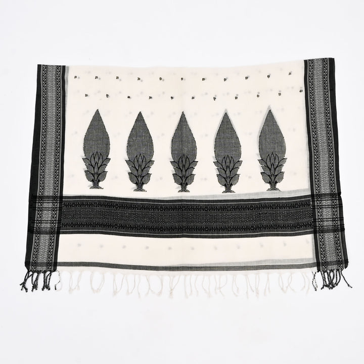 Traditional White Black Scarf 102"x37" | Cotton Jamdani Dupatta