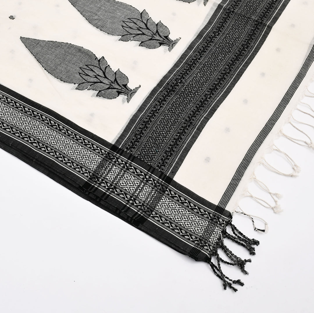 Traditional White Black Scarf 102"x37" | Cotton Jamdani Dupatta
