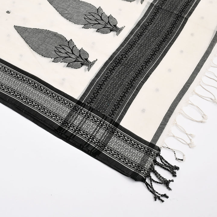 Traditional White Black Scarf 102"x37" | Cotton Jamdani Dupatta