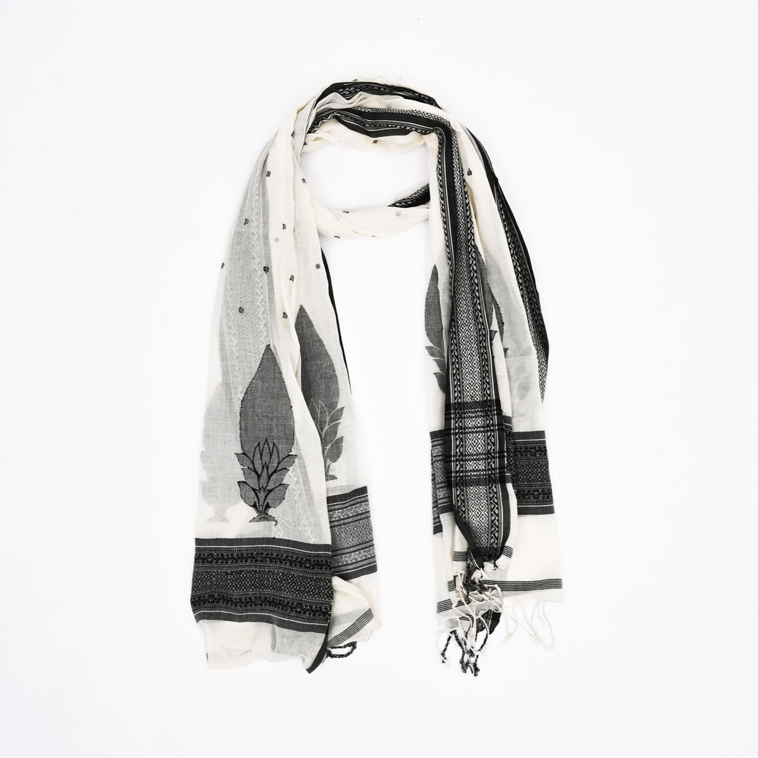 Traditional White Black Scarf 102"x37" | Cotton Jamdani Dupatta