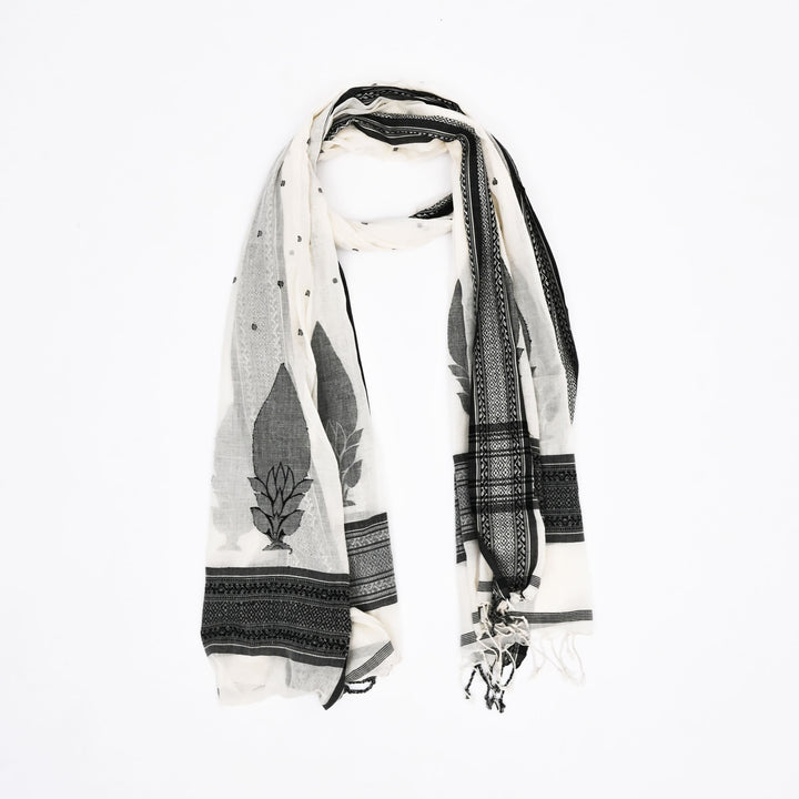Traditional White Black Scarf 102"x37" | Cotton Jamdani Dupatta