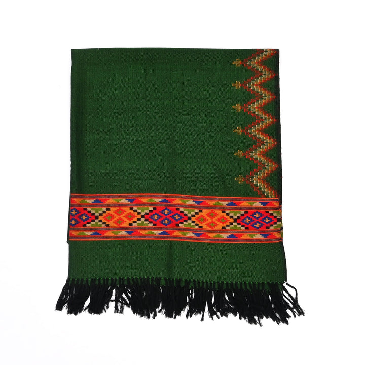 Electric Green Woolen Shawl | Handwoven with Traditional Pattu Border | 84"x40"