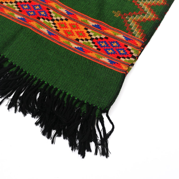 Electric Green Woolen Shawl | Handwoven with Traditional Pattu Border | 84"x40"