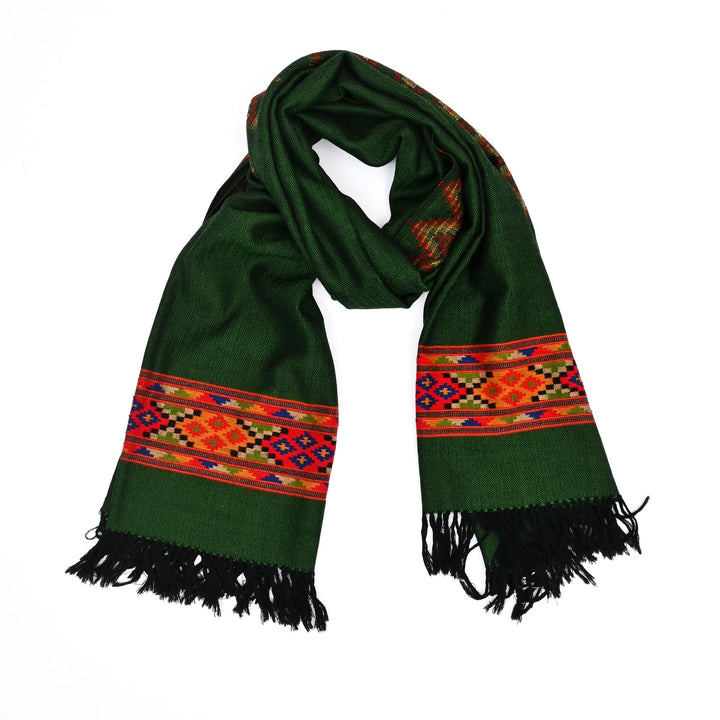 Electric Green Woolen Shawl | Handwoven with Traditional Pattu Border | 84"x40"