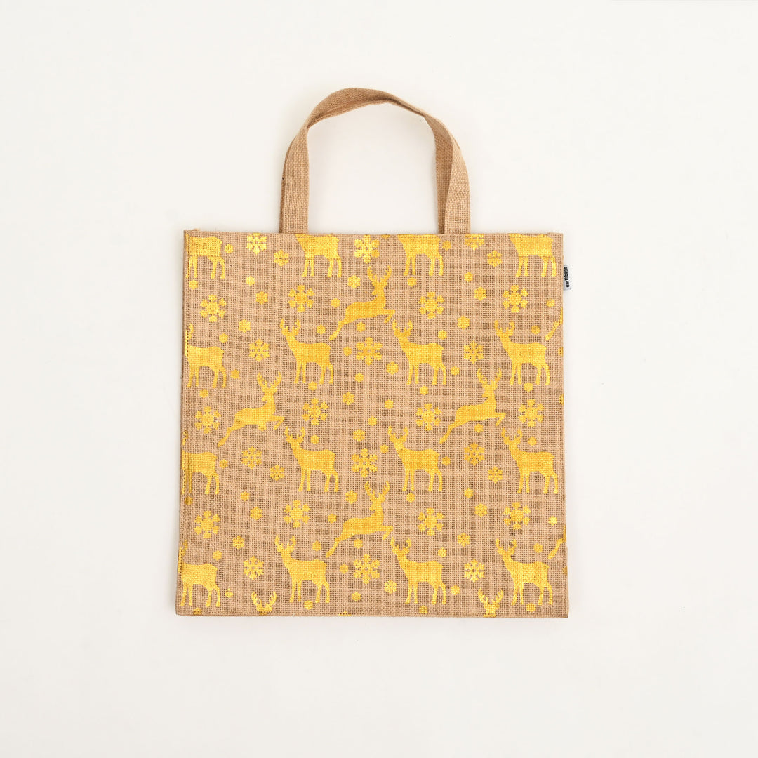 Christmas Gift Bag | Laminated Jute Bag with Metalic Print | Natural