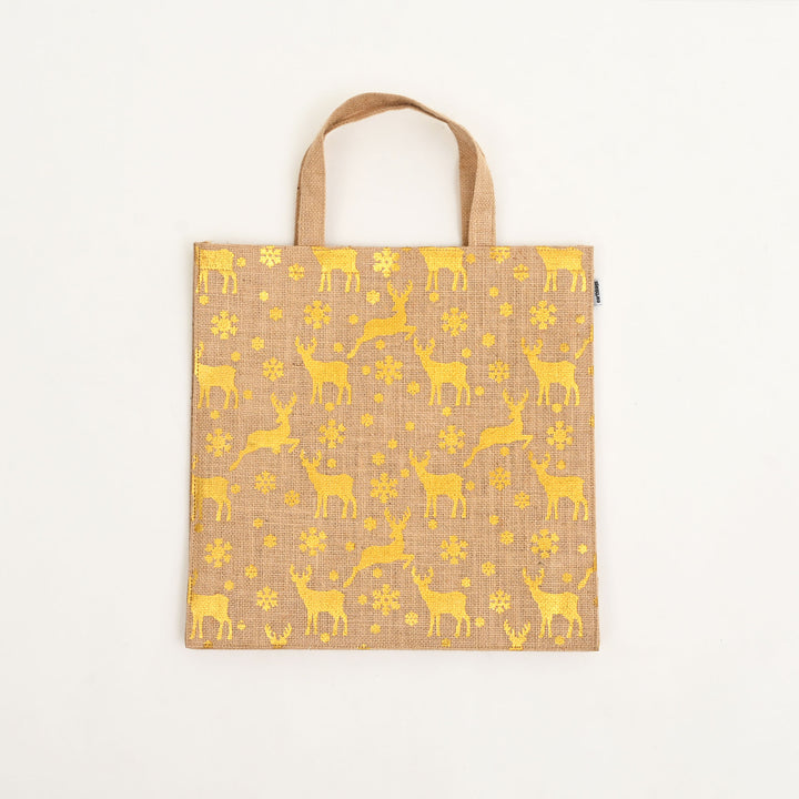 Christmas Gift Bag | Laminated Jute Bag with Metalic Print | Natural