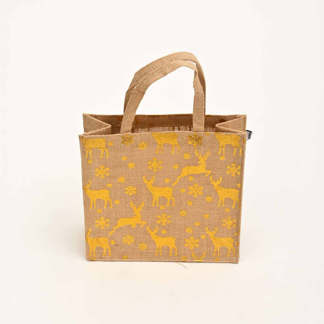 Christmas Gift Bag | Laminated Jute Bag with Metalic Print | Natural