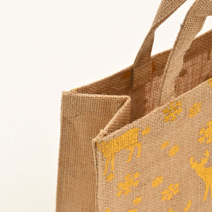 Christmas Gift Bag | Laminated Jute Bag with Metalic Print | Natural