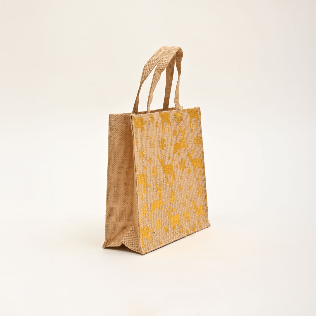 Christmas Gift Bag | Laminated Jute Bag with Metalic Print | Natural