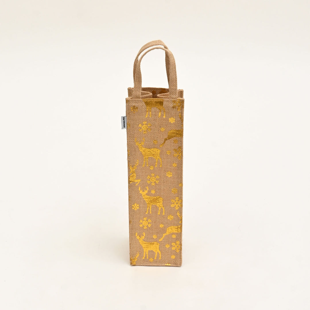 Christmas Gift Bag | Laminated Jute Bag with Metalic Print | Natural