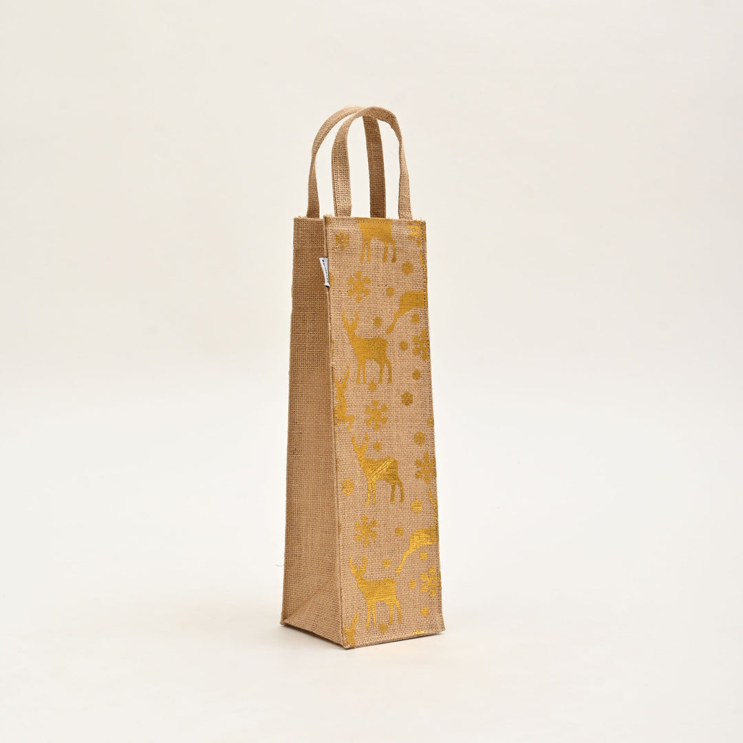 Christmas Gift Bag | Laminated Jute Bag with Metalic Print | Natural