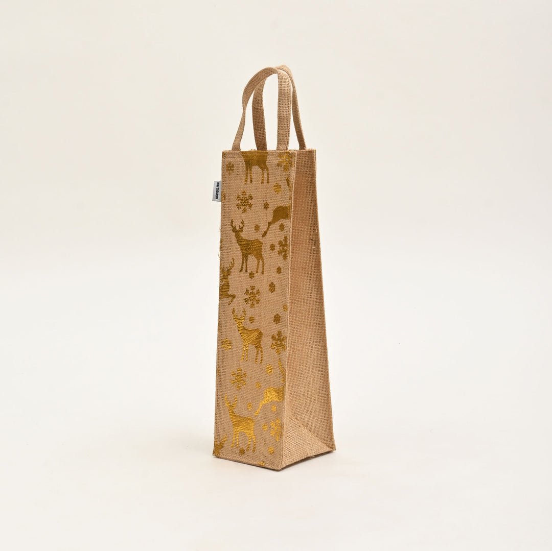 Christmas Gift Bag | Laminated Jute Bag with Metalic Print | Natural