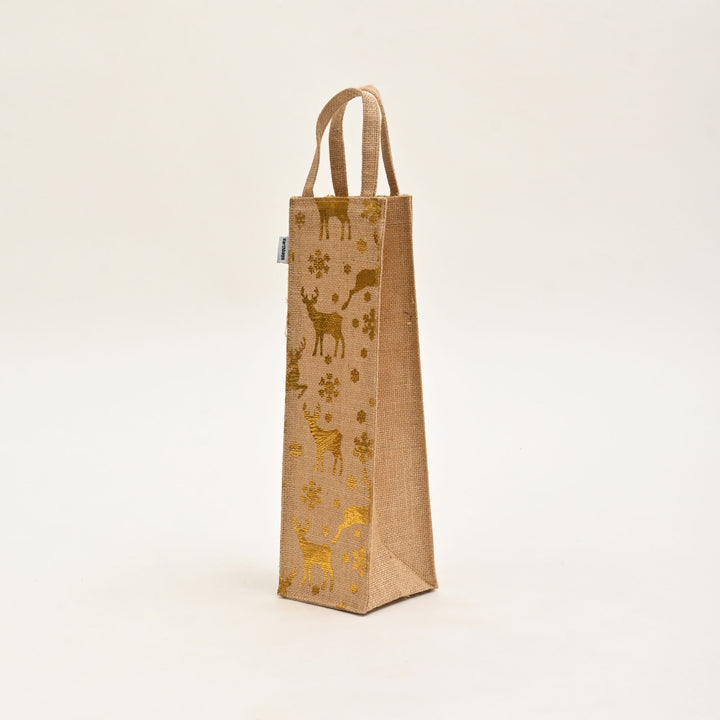 Christmas Gift Bag | Laminated Jute Bag with Metalic Print | Natural