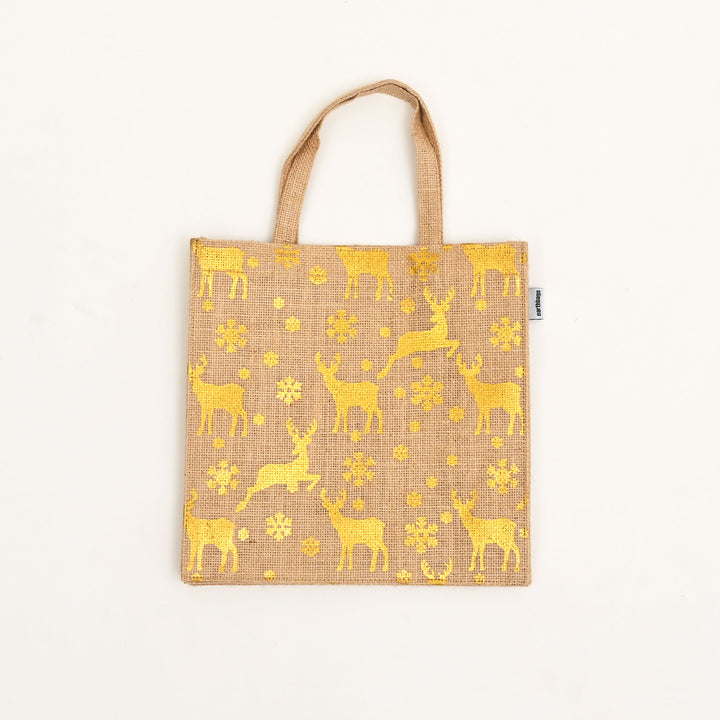 Christmas Gift Bag | Laminated Jute Bag with Metalic Print | Natural