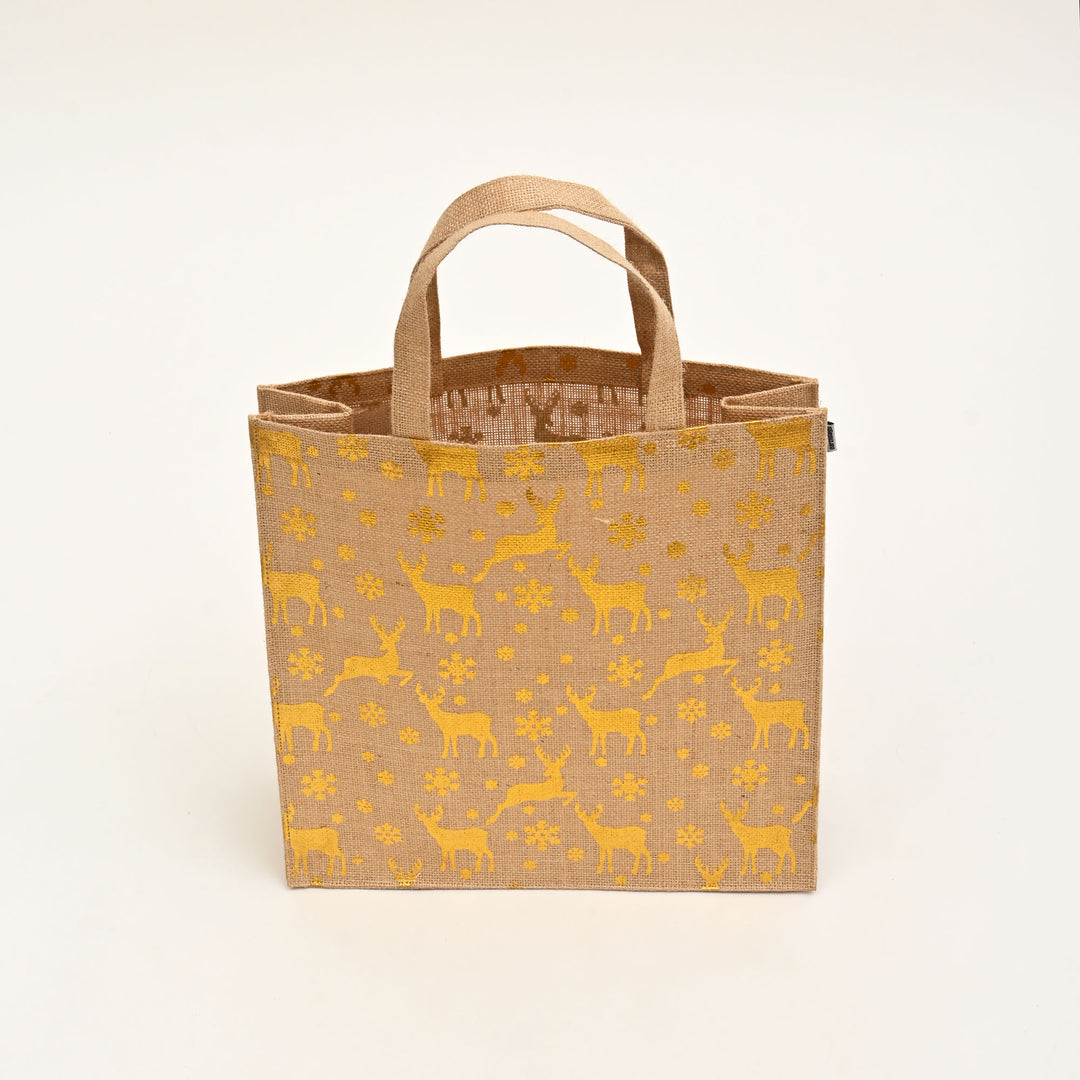 Christmas Gift Bag | Laminated Jute Bag with Metalic Print | Natural