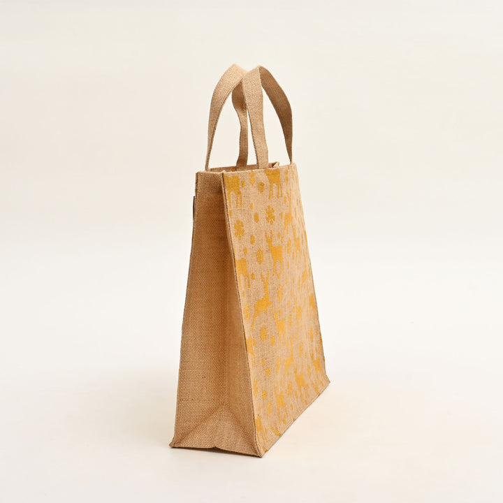 Christmas Gift Bag | Laminated Jute Bag with Metalic Print | Natural