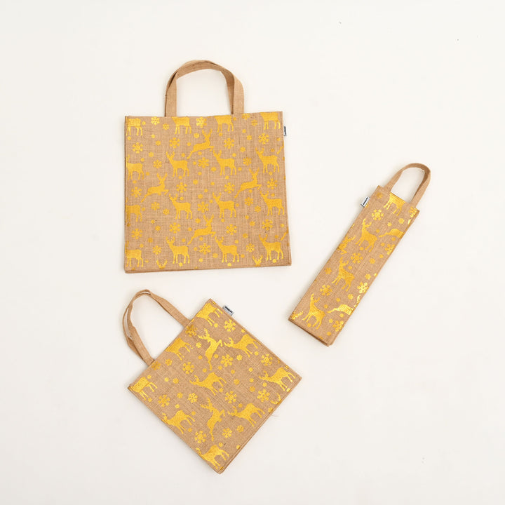 Christmas Gift Bag | Laminated Jute Bag with Metalic Print | Natural