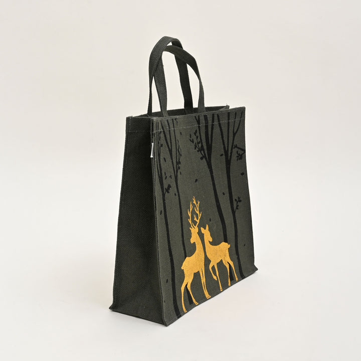 Christmas Gift Bag | Laminated Jute Bag with Metalic Print | Gray