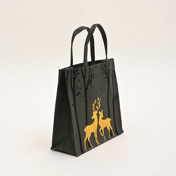 Christmas Gift Bag | Laminated Jute Bag with Metalic Print | Gray