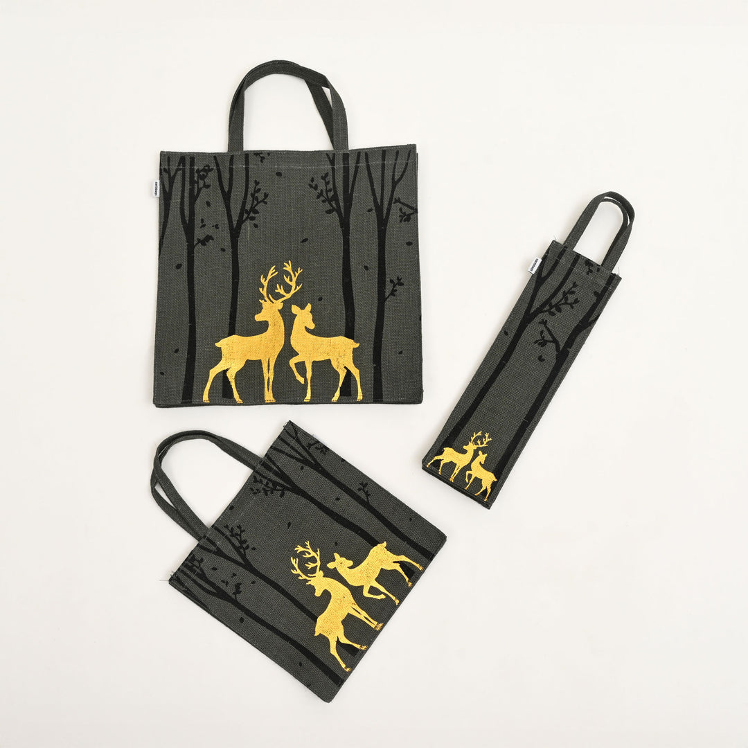 Christmas Gift Bag | Laminated Jute Bag with Metalic Print | Gray