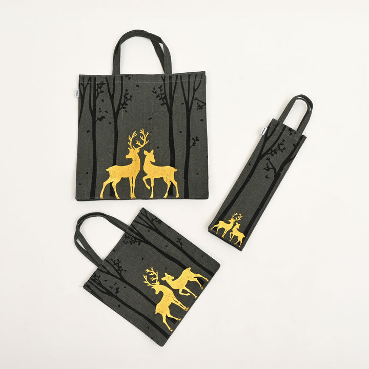 Christmas Gift Bag | Laminated Jute Bag with Metalic Print | Gray
