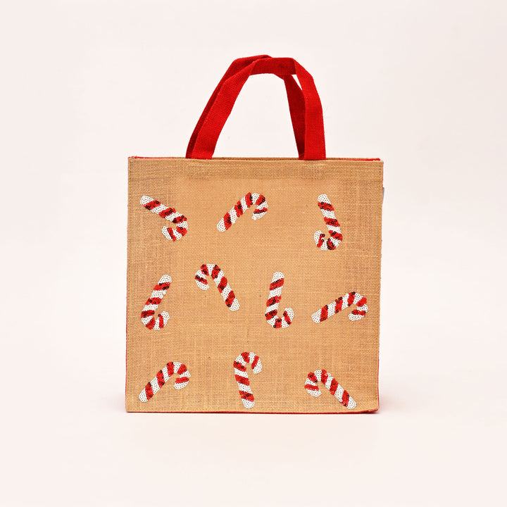 Christmas Gift Bag | Laminated Jute Bag with Sequins Design | Red & Natural