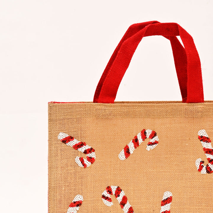 Christmas Gift Bag | Laminated Jute Bag with Sequins Design | Red & Natural