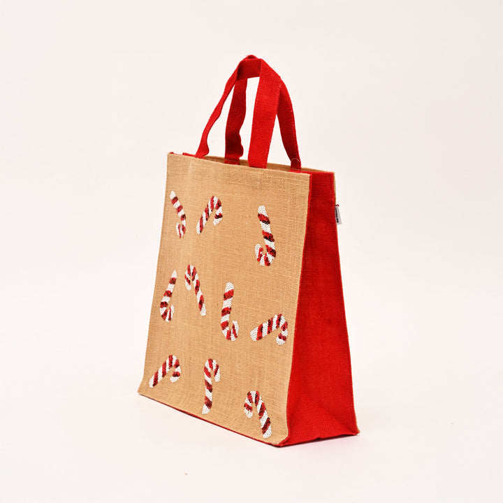 Christmas Gift Bag | Laminated Jute Bag with Sequins Design | Red & Natural