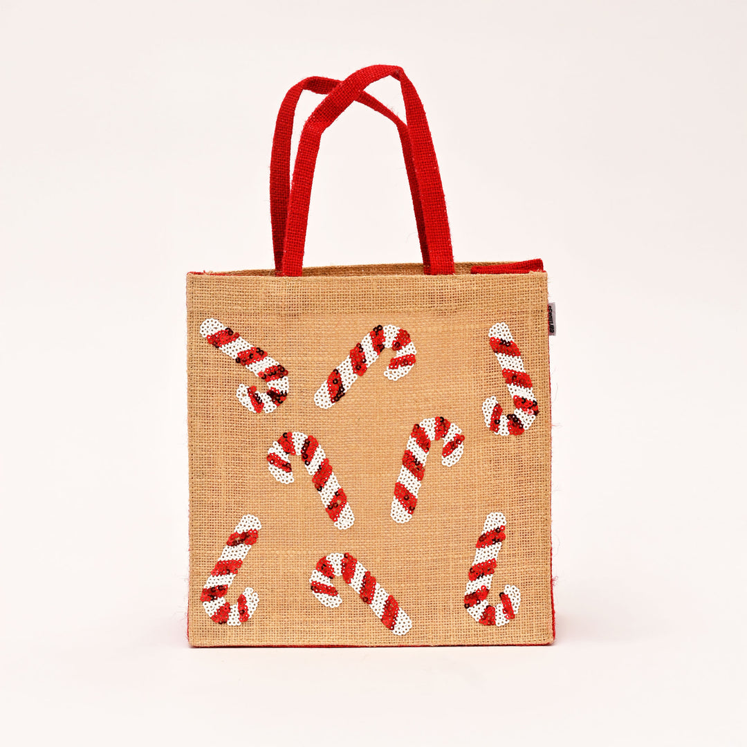 Christmas Gift Bag | Laminated Jute Bag with Sequins Design | Red & Natural