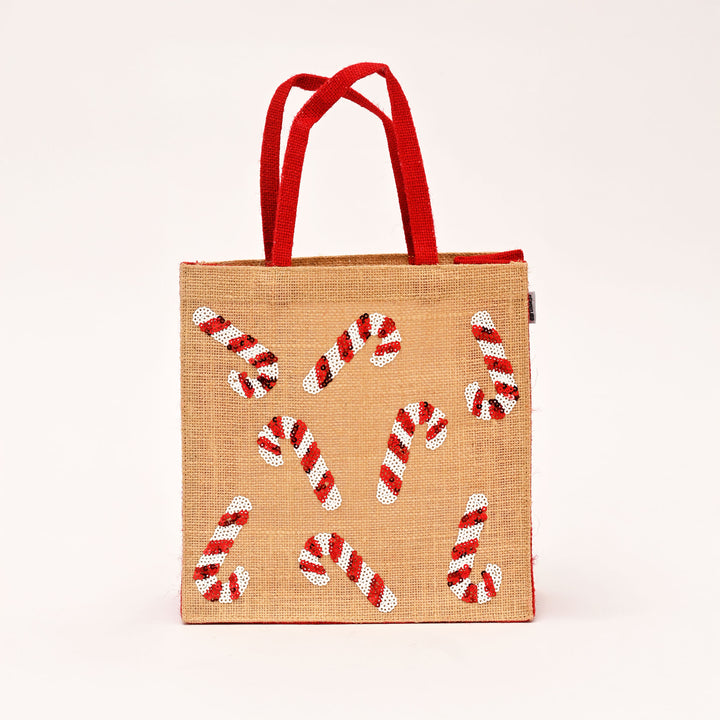 Christmas Gift Bag | Laminated Jute Bag with Sequins Design | Red & Natural
