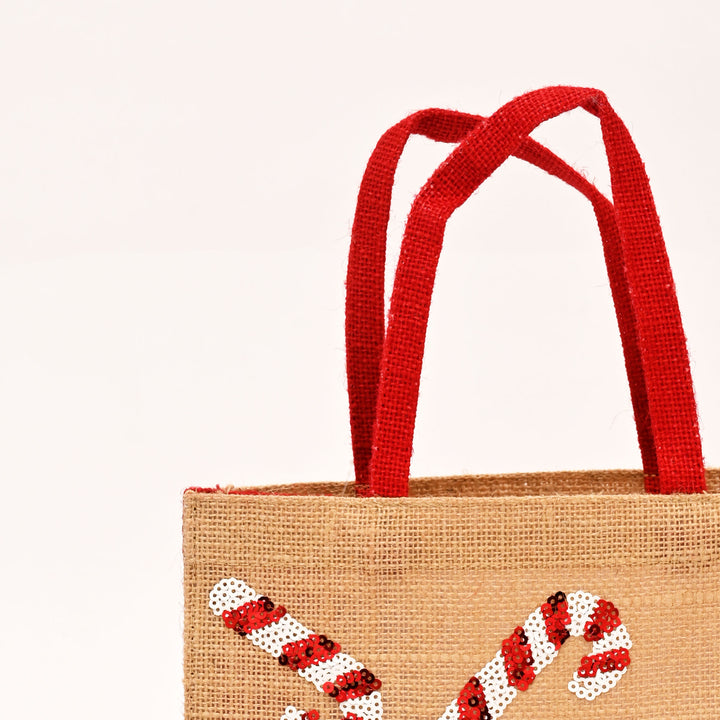 Christmas Gift Bag | Laminated Jute Bag with Sequins Design | Red & Natural