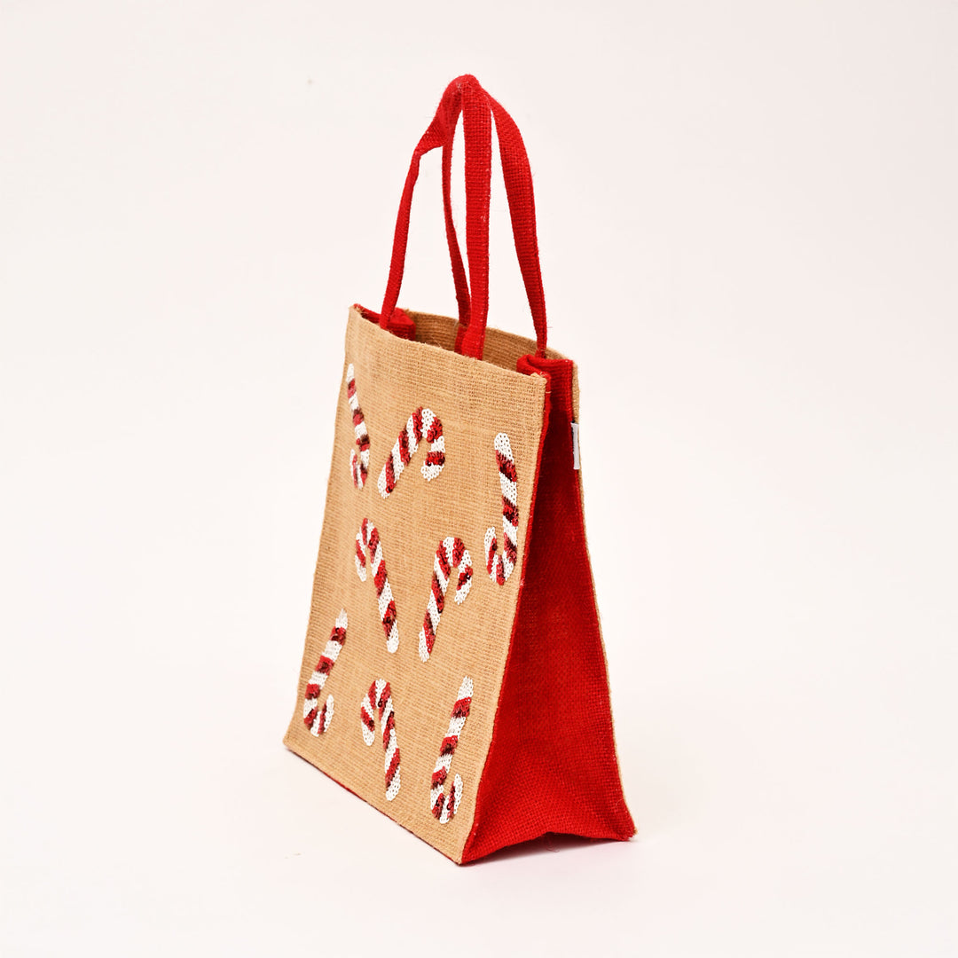 Christmas Gift Bag | Laminated Jute Bag with Sequins Design | Red & Natural