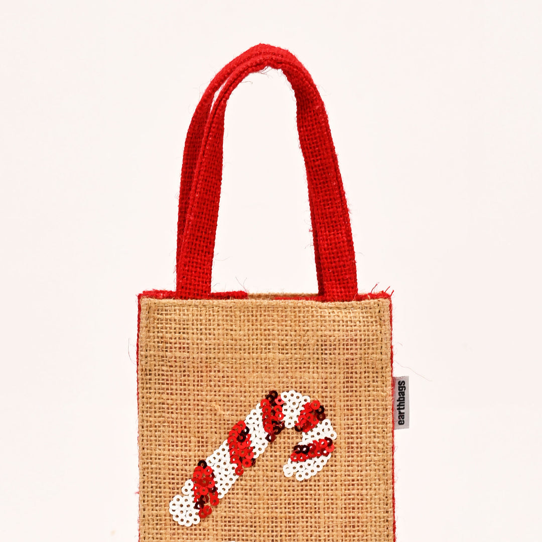 Christmas Gift Bag | Laminated Jute Bag with Sequins Design | Red & Natural