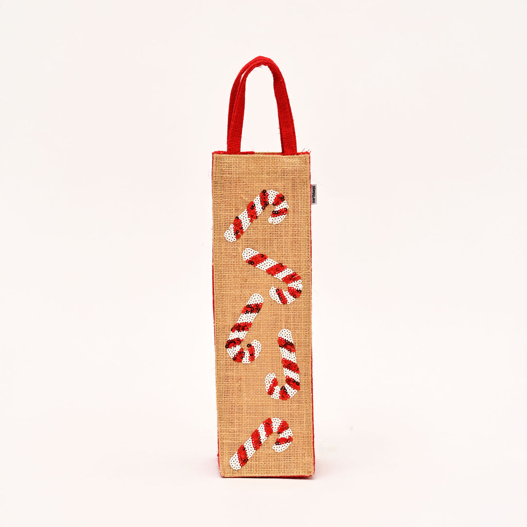 Christmas Gift Bag | Laminated Jute Bag with Sequins Design | Red & Natural