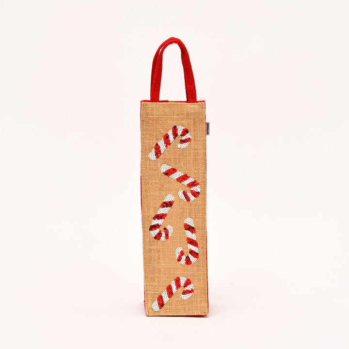 Christmas Gift Bag | Laminated Jute Bag with Sequins Design | Red & Natural