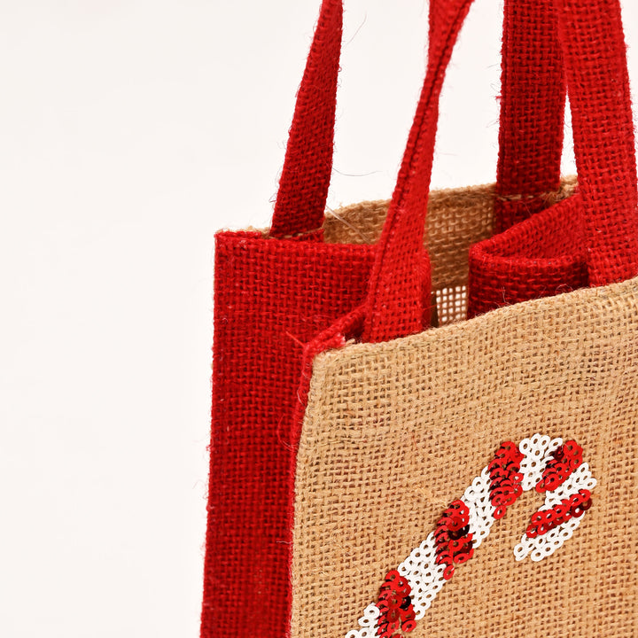 Christmas Gift Bag | Laminated Jute Bag with Sequins Design | Red & Natural