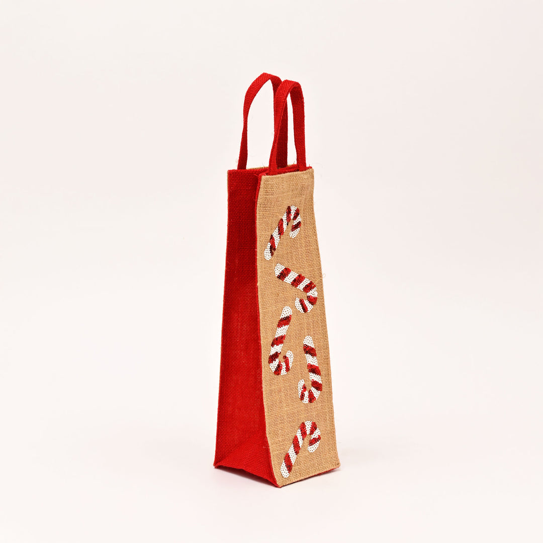 Christmas Gift Bag | Laminated Jute Bag with Sequins Design | Red & Natural