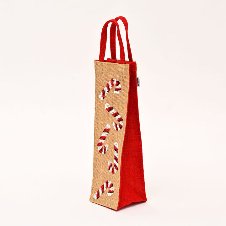 Christmas Gift Bag | Laminated Jute Bag with Sequins Design | Red & Natural