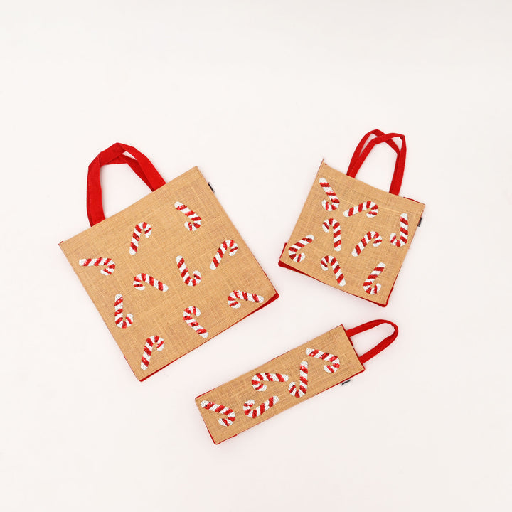 Christmas Gift Bag | Laminated Jute Bag with Sequins Design | Red & Natural
